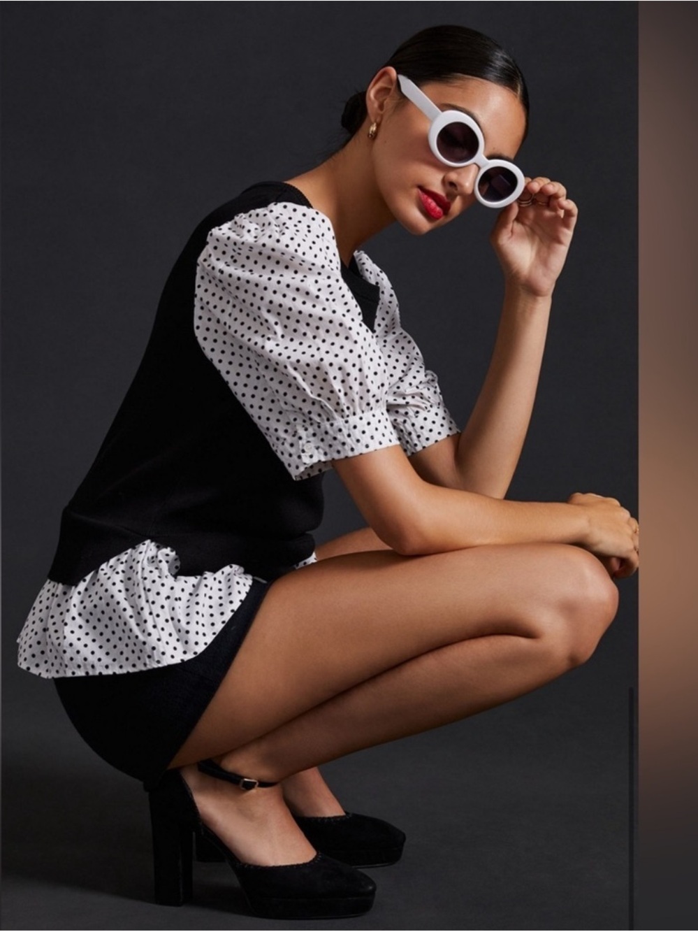 By Anthropologie Layered Poplin-Sleeve Polka Dot Mixed Media Sweater Top, M